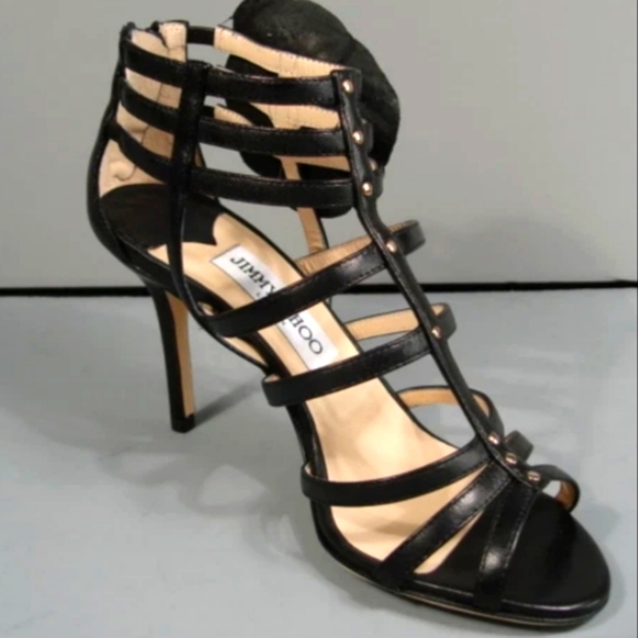 Authentic Jimmy Choo Black Leather Opaque Flower Cage Sandals - Picture 3 of 13